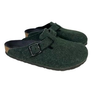 BIRKENSTOCK BOSTON Dark Green Wool Mules Slip On Genuine Leather Footbed 38